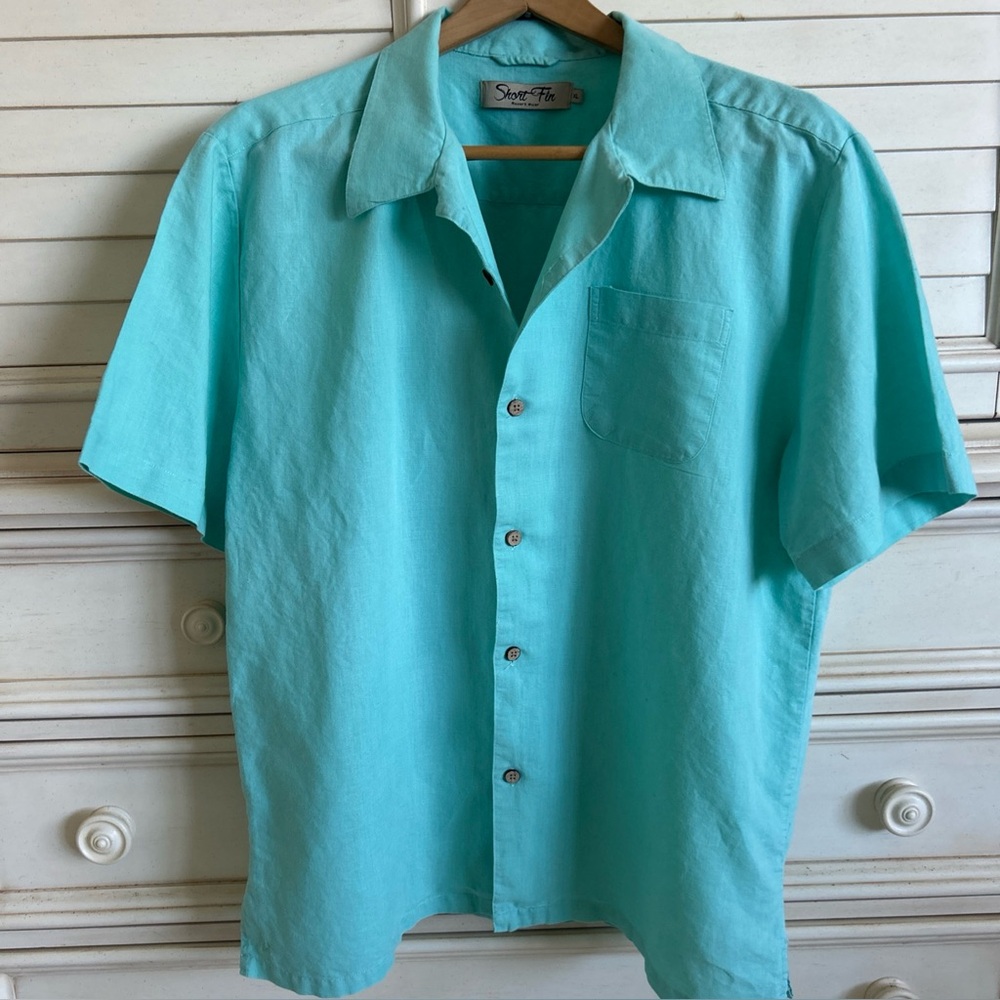 Short Fin Resort Wear Turquoise Linen Button Up Short Sleeve Beach Shirt XL